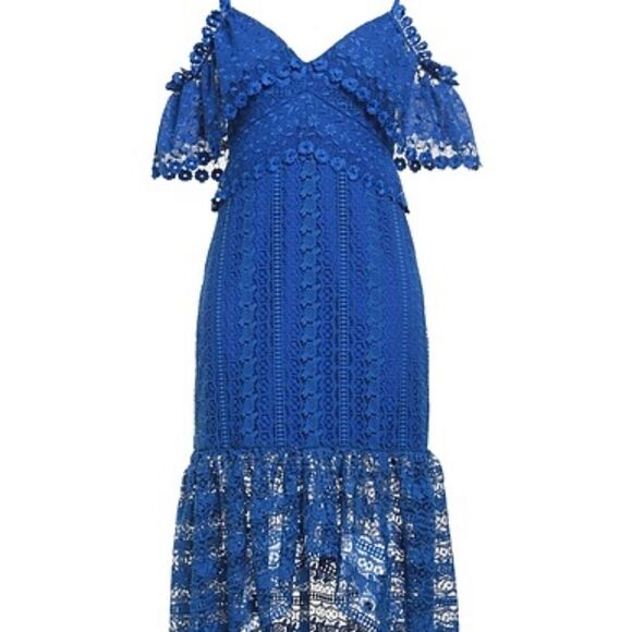 Three Floor Vibrant Royal Blue Off Shoulder Lace Dress 0 Elegant Boho - Picture 3 of 8